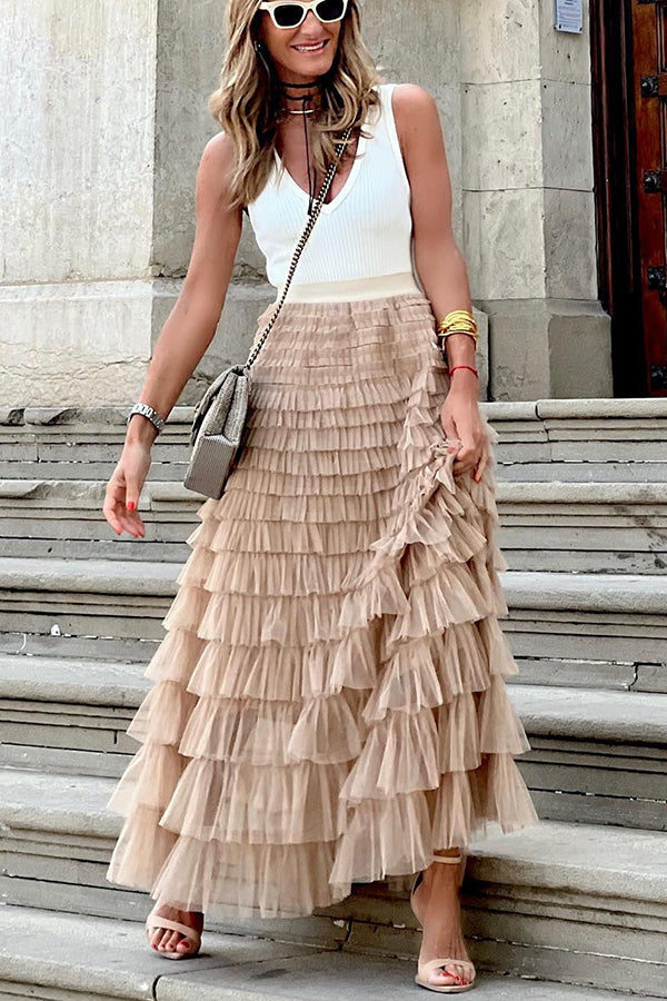 Rosa | Jupe longue en tulle avec taille élastiquée en palier